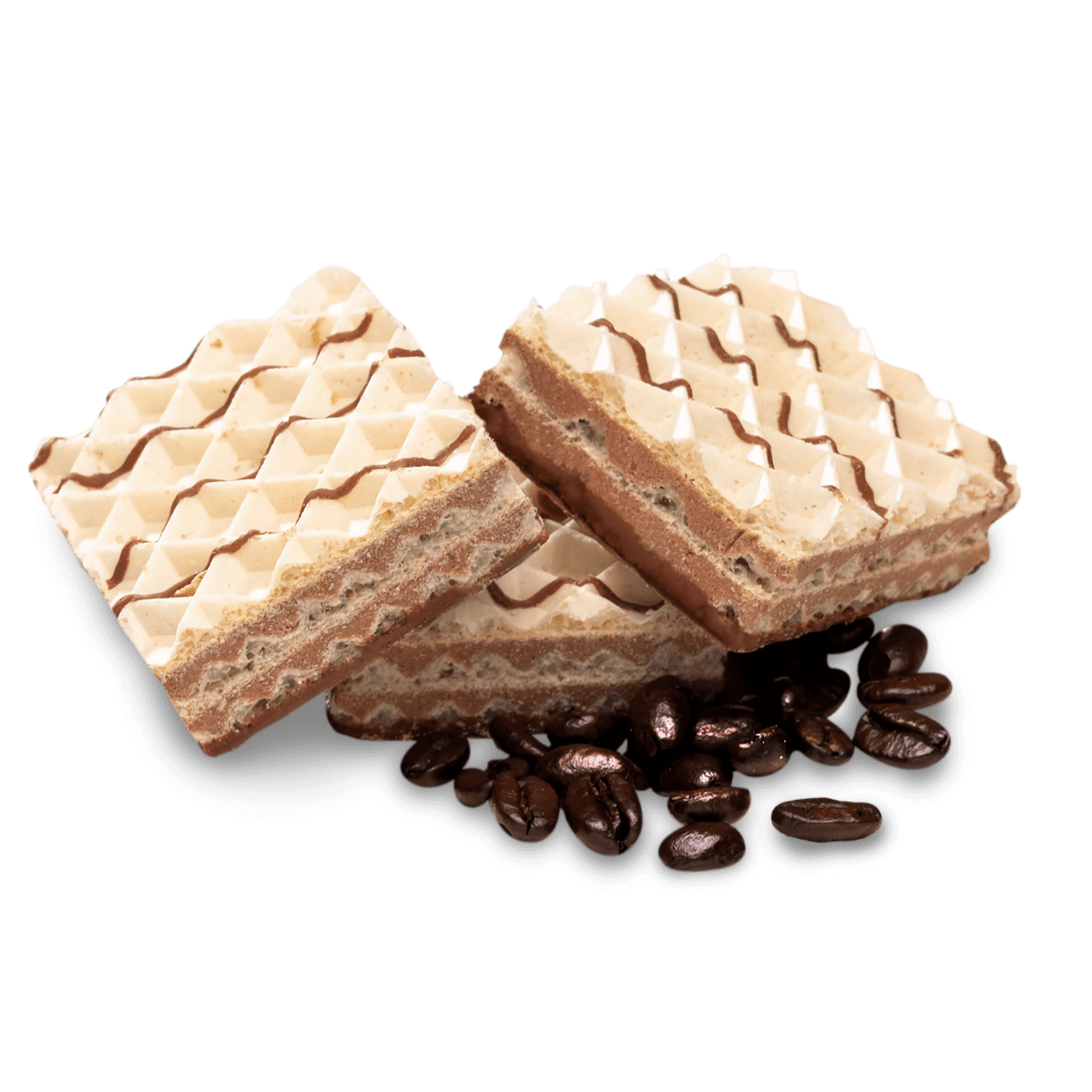 Protein wafers stacked on coffee beans, featuring creamy layers and a chocolate drizzle on top.